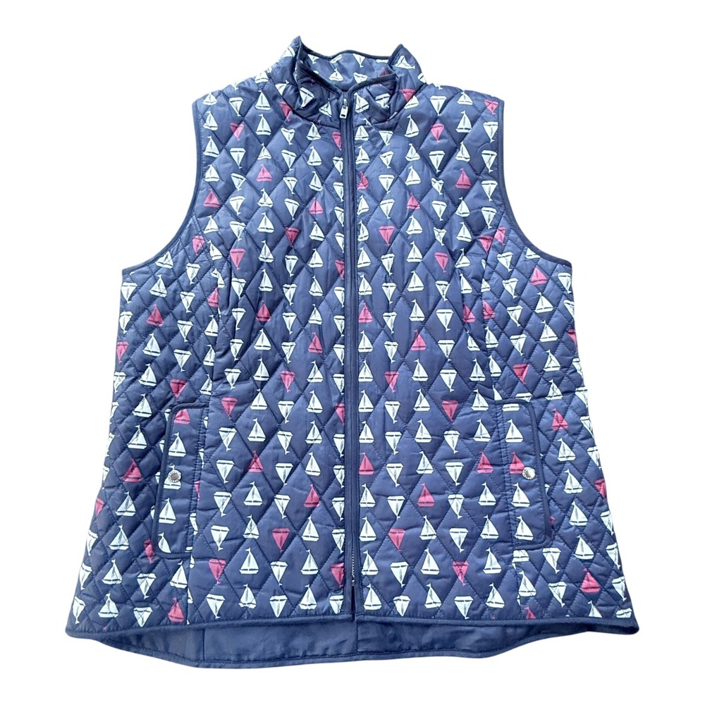 Talbots Puffer Vest Womens Large Navy Blue Sailboat Print Quilted Nautical Beach - Picture 5 of 13